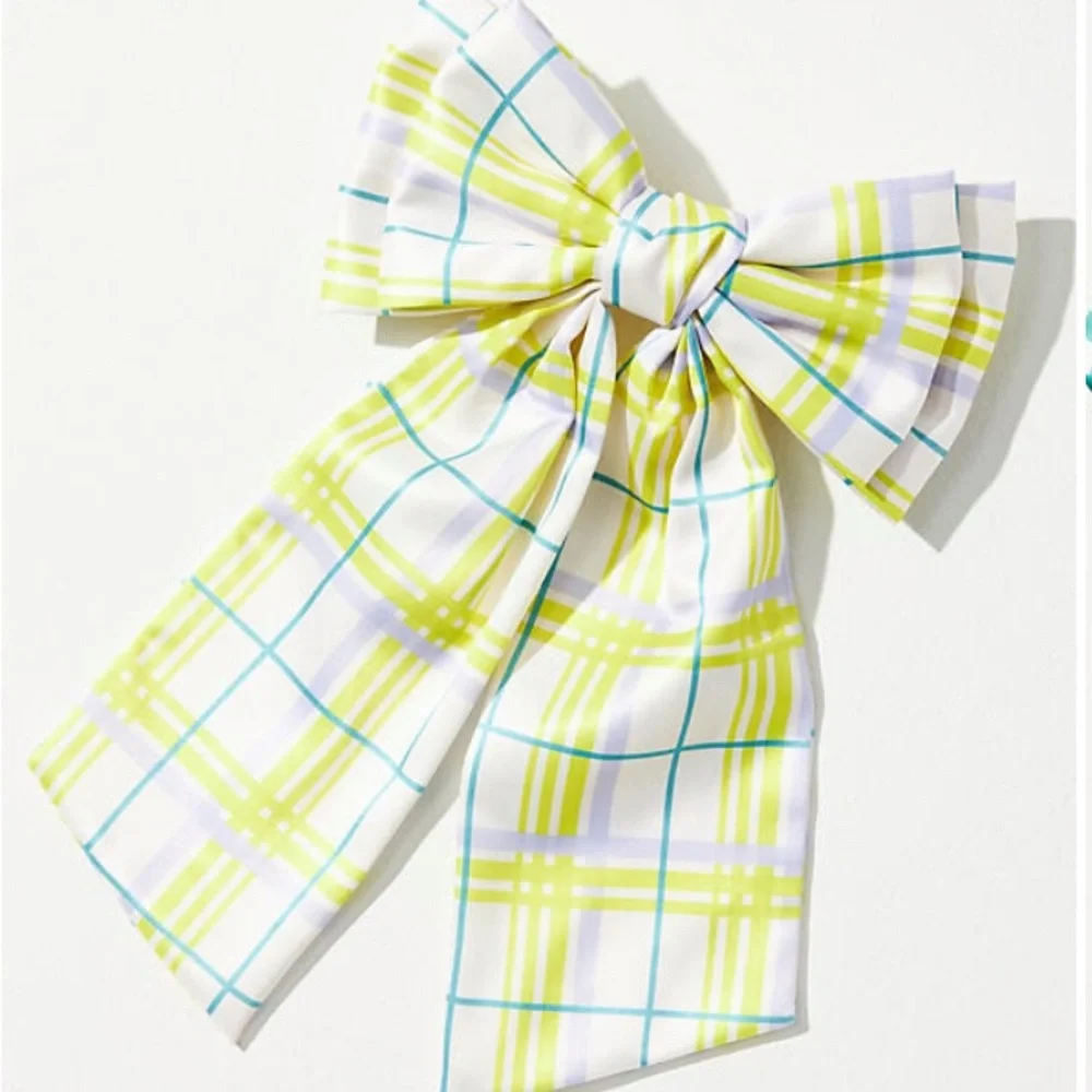 Anthropologie Plaid Patterned Hair Clip Bow NeonYellow Teal & Lavender On White